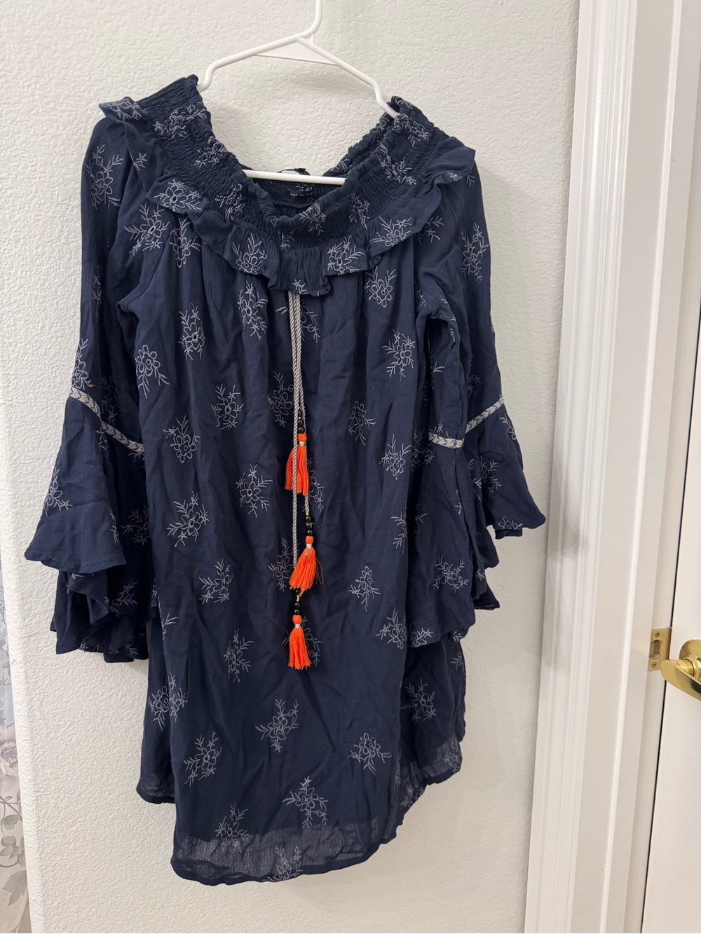 Miss Me Navy Embroidered Boho Dress with Orange Tassels Medium Women